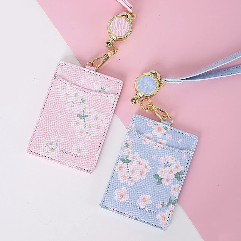 

Newest Cherry Flowers PU Card Holder Retractable Lanyard 2 Bits Card Bag Women Identity Badge Reel Rope Card Case ID IC Holders