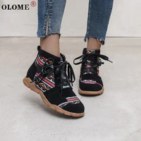 2021 autumn womens retro boots embroidered lace up low heels personality ethnic style ladies nude boots large size 43