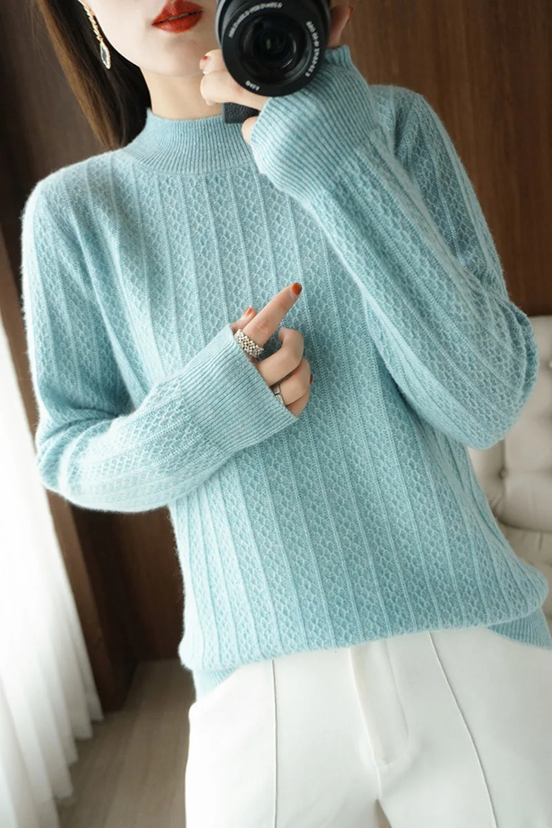 

Зимние женские свитера, шикарный полуводолазка с длинным рукавом, однотонный вязаный женский пуловер из 100%-ной шерсти, джемпер, одежда, топ, ...