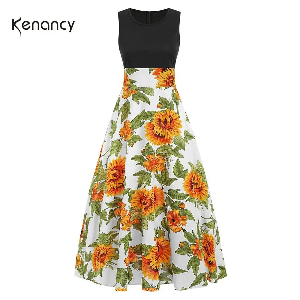 Женское винтажное платье с принтом подсолнуха Kenancy летнее макси без рукавов