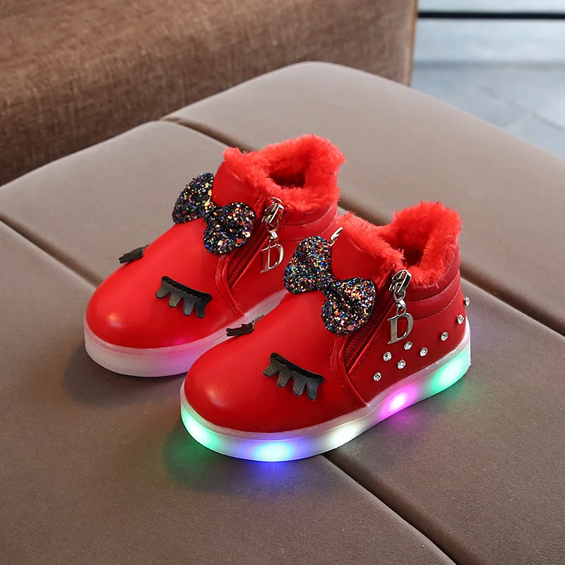 Red Fur cartoon Fashion Snow winter children boots Cute hot sales kids casual sneakers Lovely butterfly girls shoes - Цвет: Red