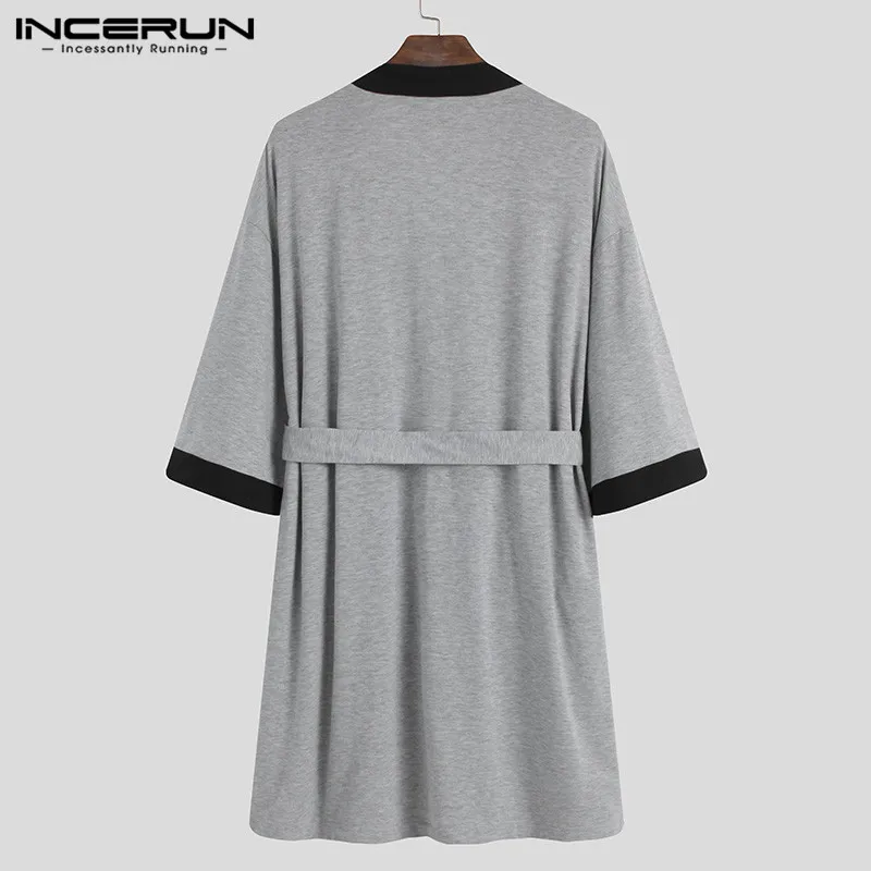 

Men Robes Sleepwear Patchwork Homewear 3/4 Sleeve Leisure Comfortable Bathrobes Kimono Lace Up Loose Men Nightgown S-5XL INCERUN