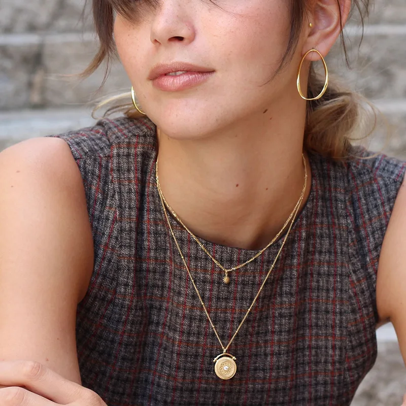 Timeless Wonder Titanium Sunburst Coin Chains Layered Necklace Stainless Steel Jewelry Punk Top Boho Gothic Trendy Gold 2121