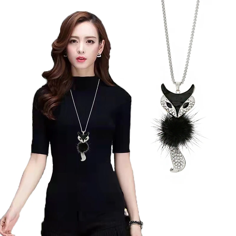 

Yexcodes New Fashion Black White Crystal Fox Cat Long Necklaces & Pendants For Women Simple Elegant Trendy Jewelry Sweater Chain