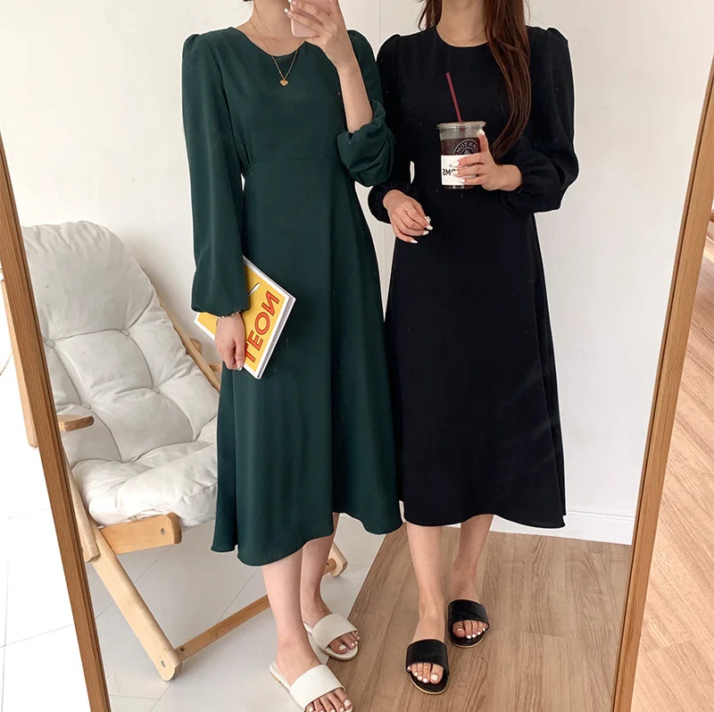 BGTEEVER винтажное темно-зеленое женское платье с круглым вырезом кружевные буффы на рукавах женское платье трапециевидной формы осенние вечерние платья Vestidos femme