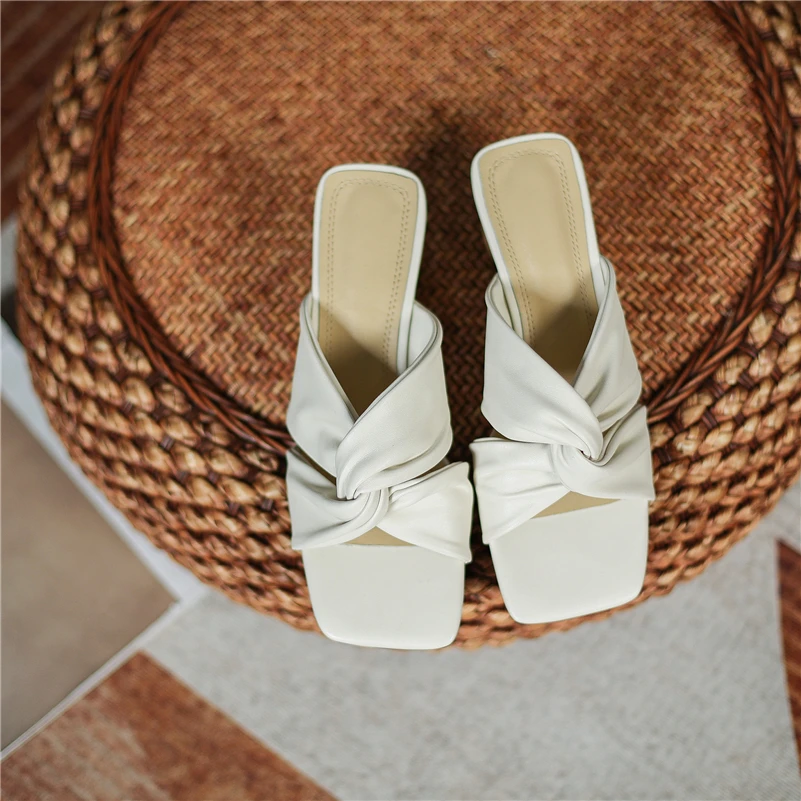 

Meotina Sandals Women Shoes Thick High Heels Square Toe Slides Pleated Causal Slippers 2021 Summer Ladies Footwear Apricot Beige