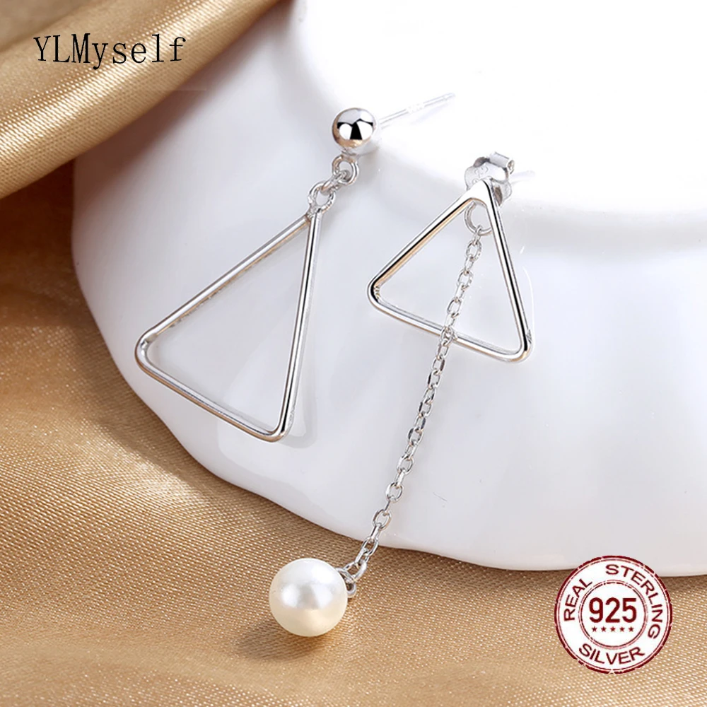 

Real Silver Irregular Geometric Drop Earrings With 6mm White Shell Pearl 925 Triangle Fine Jewelry For OL