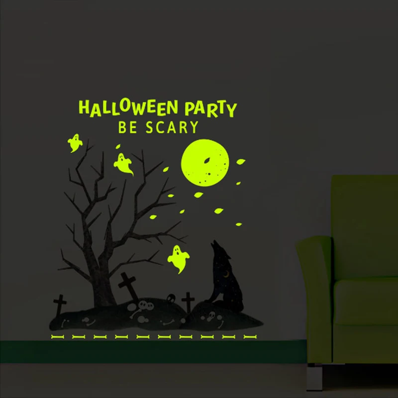 Хэллоуин Moon Wolf Cemetery Светящиеся Настенные наклейки для гостиной украшения окна