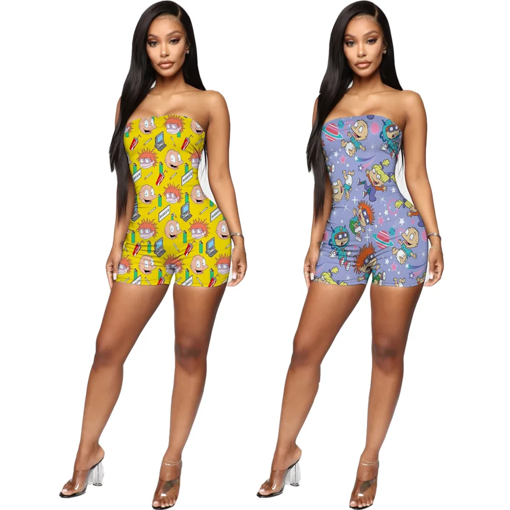 

Cute Cartoon Print Strapless Sleeveless Skinng Short Jumpsuit 2020 New Design Sexy Women Bodycon Playsuit Femme Catsuit