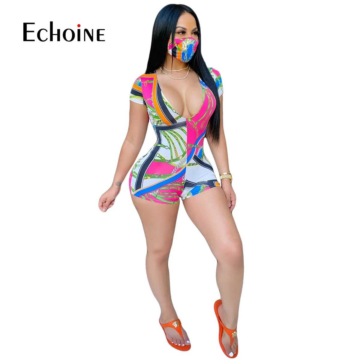 

Echoine Summer Women Print Rompers Deep V Neck ShortSleeve Biker Playsuit Club Party One Piece Fitness Femmes Short Jumpsuits