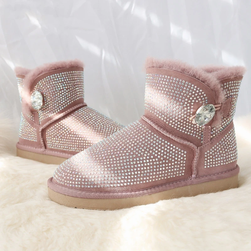 twilight pink G и zacoбыл Роскошные сапоги Для женщин Стразы из натуральной кожи ботинки из овечьей кожи с овечьим мехом; шерстяные ботинки для снежной погоды на плоской подошве; милые женские ботинки - Цвет: twilight pink