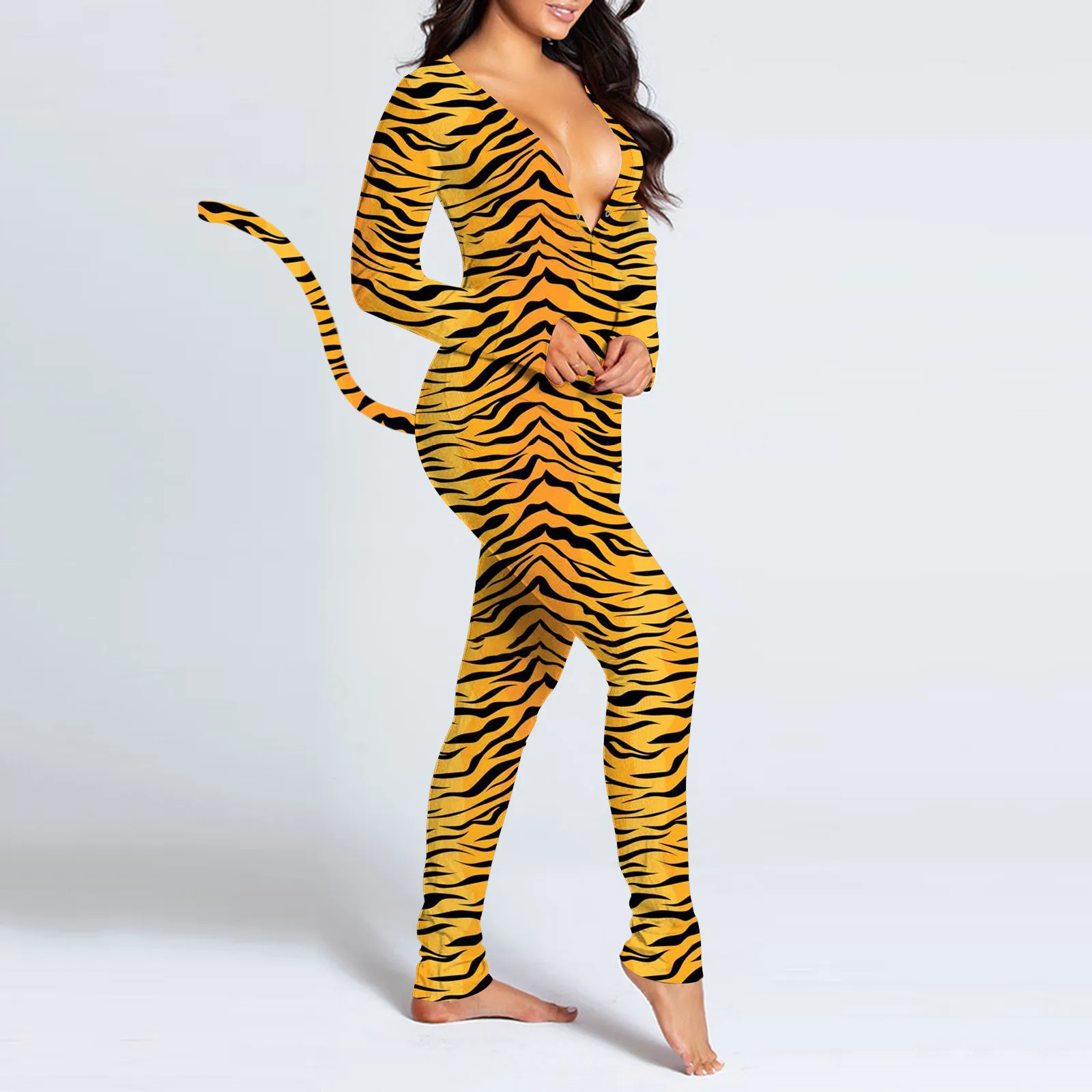 

Sexy Women Jumpsuit Pajamas V-neck zebra Cows Print Long Sleeve Button Flap Playsuit Bodysuit Nightwear Romper 3XL