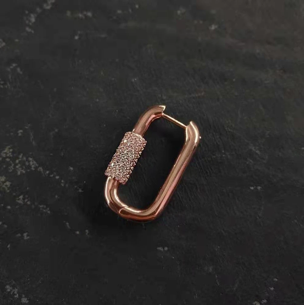 

1PC Rose Gold Heavy Plated 925 Sterling Silver Lock Hoop Earring With AAA Zircon Geometric Women Wedding Party Jewelry