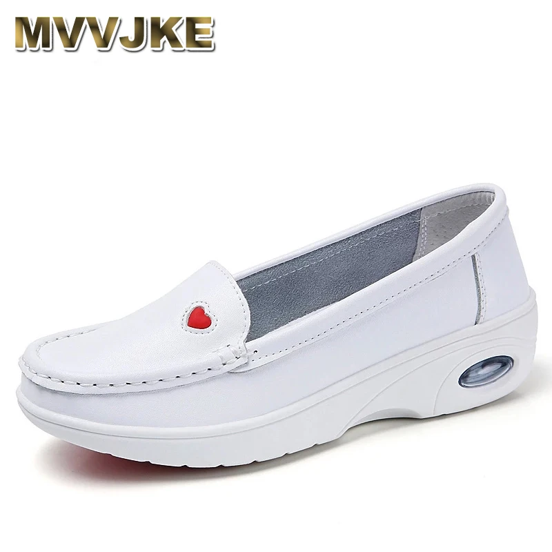 

MVVJKE Women White Genuine Leather Flats Female Slip-on Ballet Flats Soft Boat Shoes Nurse Work Loafers High Quality Loafers