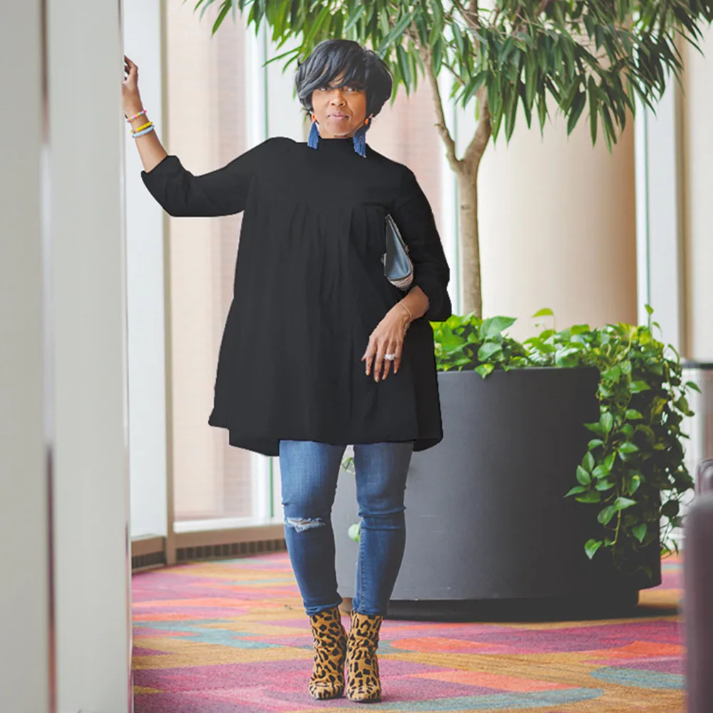 Осенняя женская обувь с длинным рукавом Свободная блузка высокой горловиной