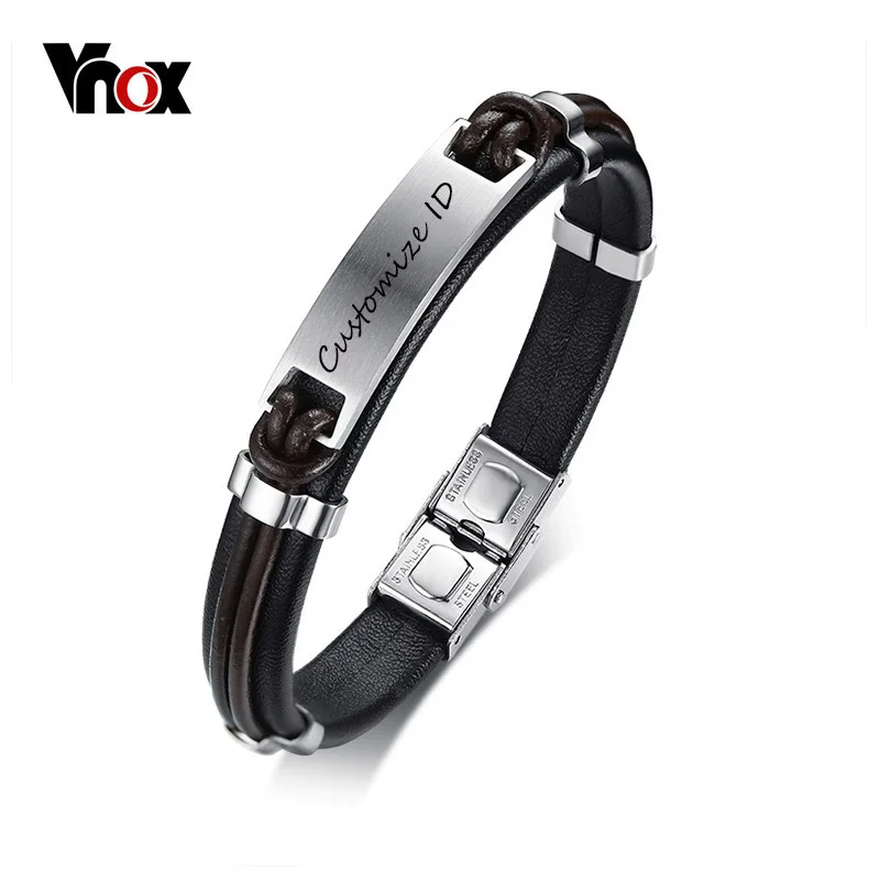 Мужской браслет из натуральной кожи Vnox Черный Уличный нержавеющей стали