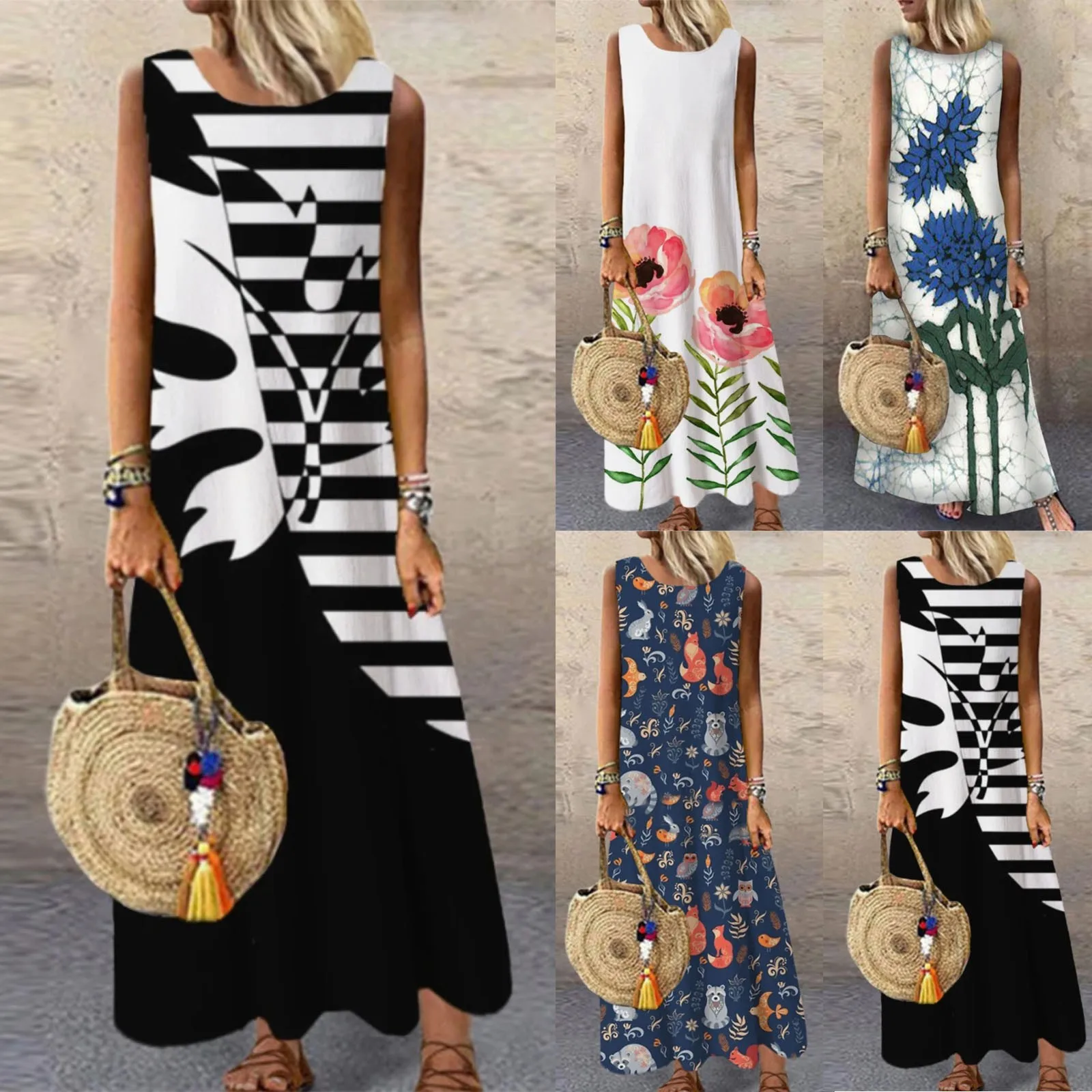 Летнее женское свободное Повседневное платье с рисунком юбка без рукавов
