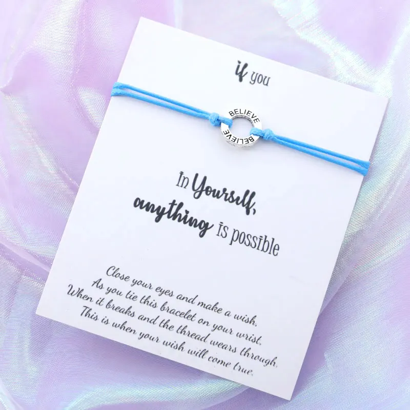 Blue Верьте в себя Wish Bracelet Believe String Bracelet Серебряный верующий Шарм для женщин и мужчин дружба вдохновляющий подарок - Окраска металла: Blue