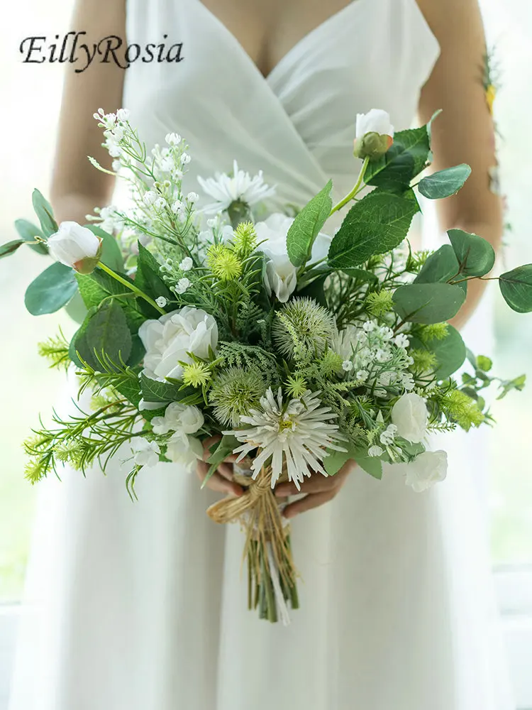 

Свадебный букет EillyRosia в европейском стиле, букет невесты в лесном стиле, искусственные цветы ручной работы, белый и зеленый цвета, свадебная...