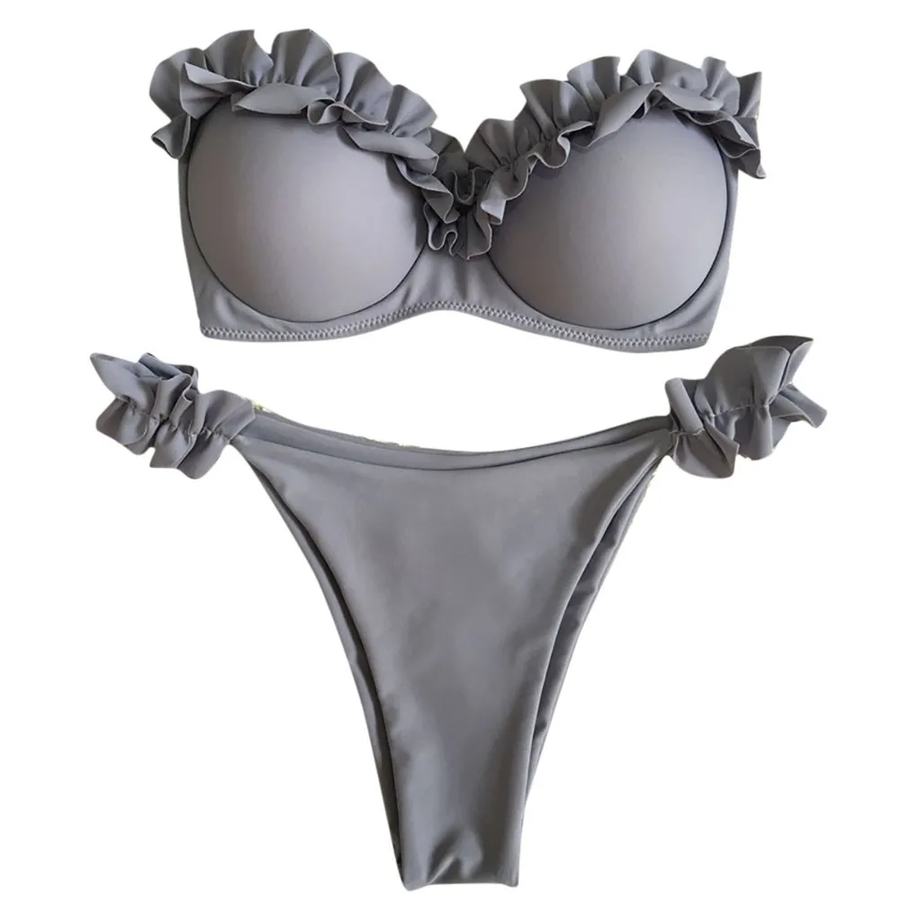 Однотонный милый женский купальник с бантом и чашками пуш-ап большой размер |