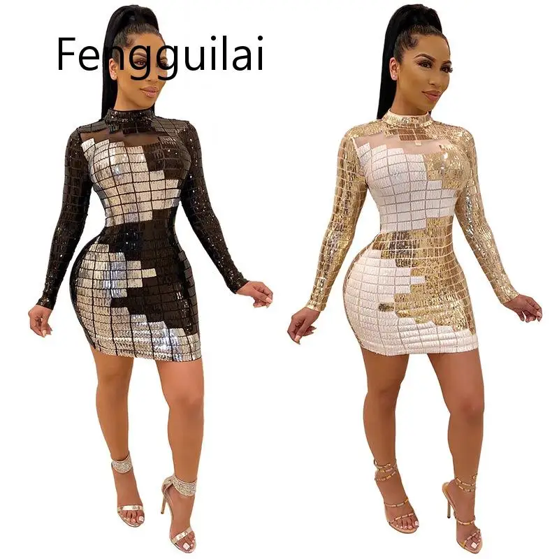 

FENGGUILAI Autumn European American New Women's Sequin Dress 2019 Winter Dress Long-sleeved Geometric Square Mesh Sequin Dress