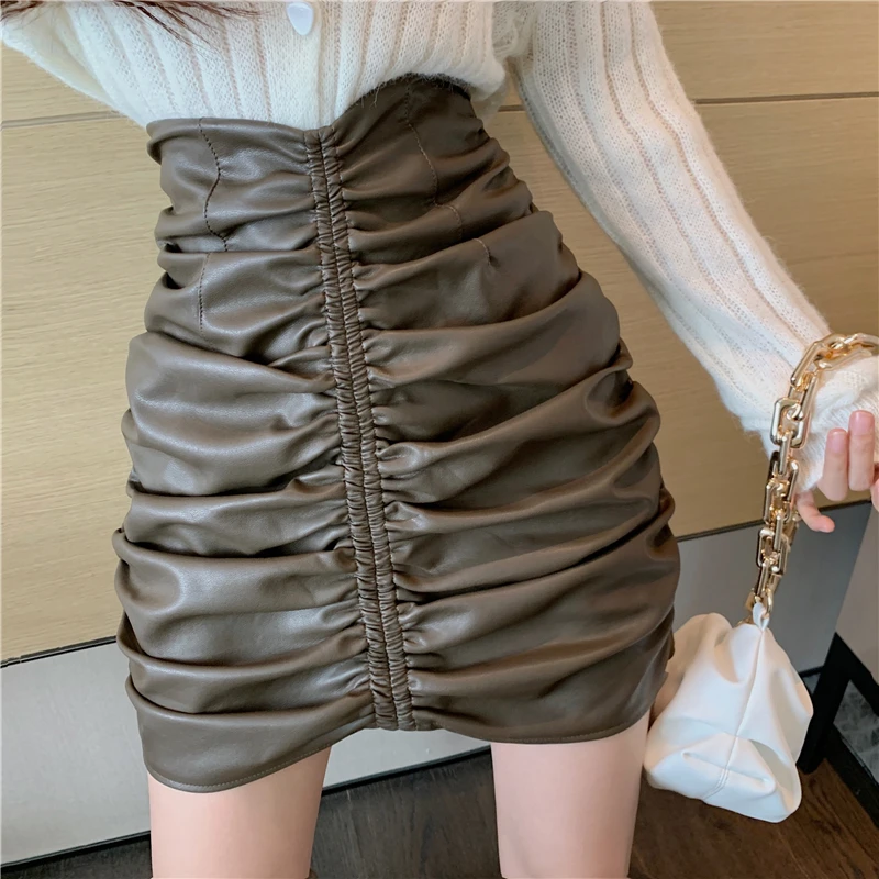 Черного цвета из искусственной кожи мини-юбки со складками Женская юбка-карандаш