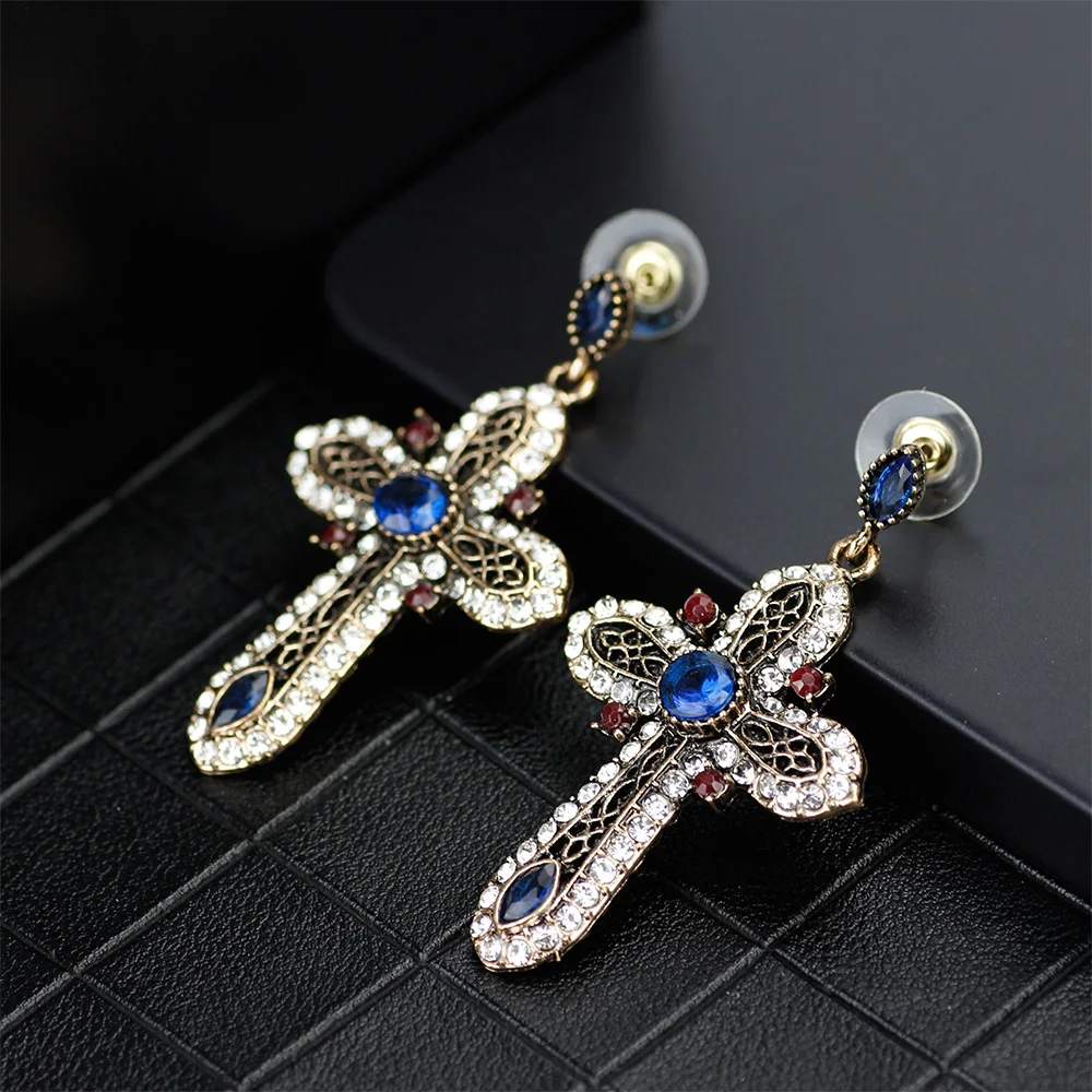 Элегантные винтажные женские серьги с крестом длинные висячие античное золото