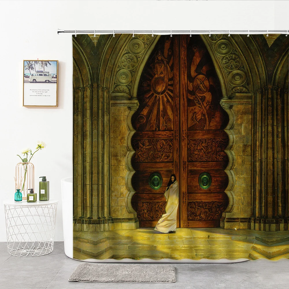 

3D Shower Curtain European Style Door Retro Building Photography Background Kitchen Bedroom Bathroom Decor Curtain Bath Supplies