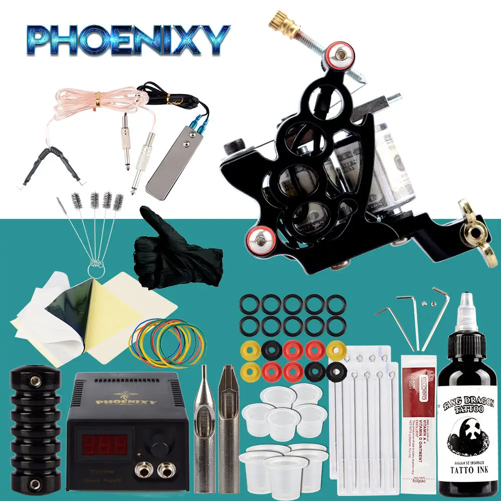 60ml Ink Kit Полный набор для татуировки, набор для татуировки, 60 мл, черные чернила, пигмент, источник питания, иглы для татуировки, полный набор аксессуаров для татуировки - Цвет: 60ml Ink Kit