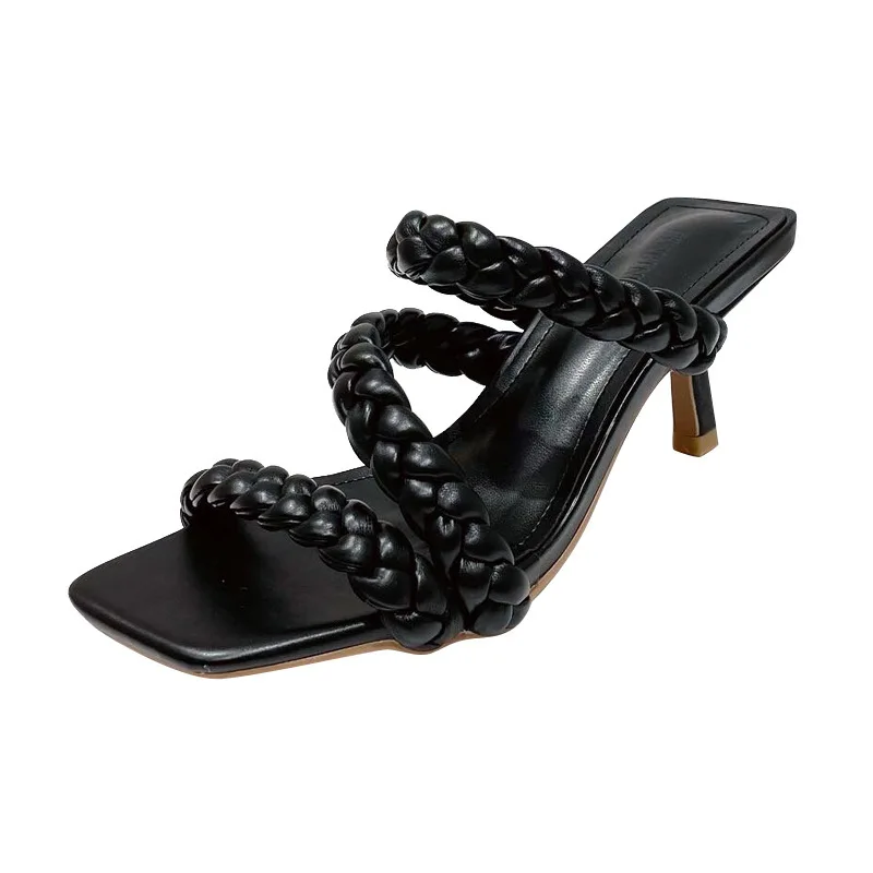 

Shoes Women Female Slippers Slides Thin Heels Med Peep Toe Soft 2021 Summer Rubber Basic PU Rome Fabric Shoes Thin Heels Slippe