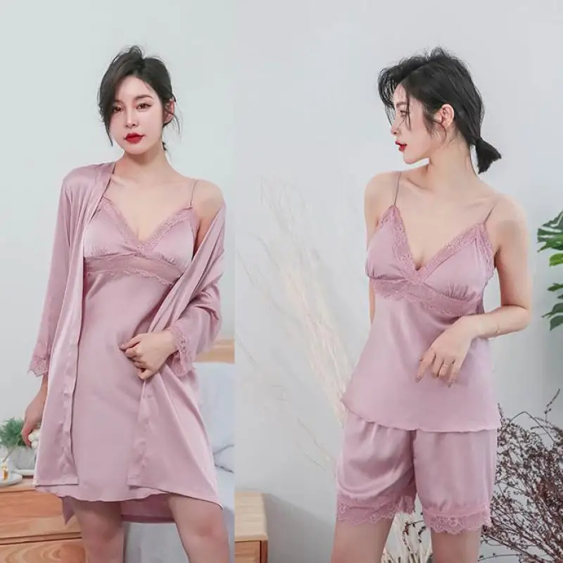 Комплект женский атласный из 4 предметов пикантная кружевная короткая Пижама