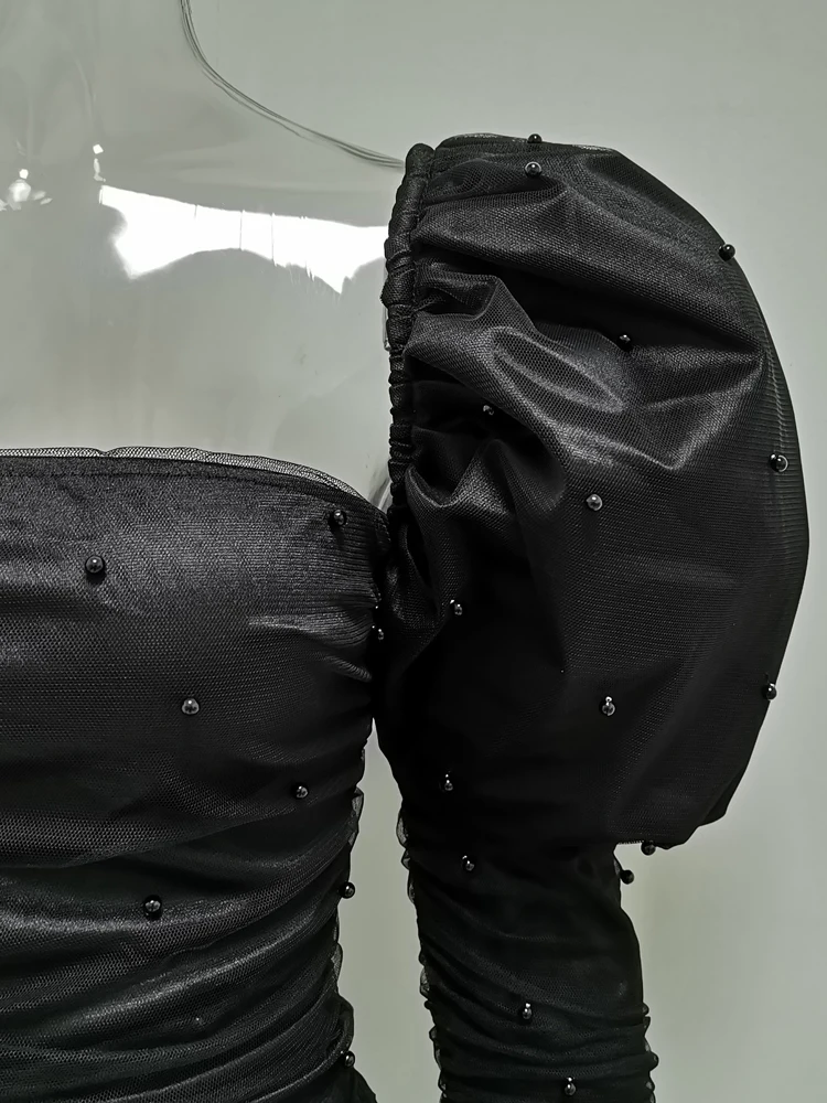 JillPeri для женщин Slash шеи одно плечо Ruched Мини платье Мода Жемчуг сетки с пышными рукавами наряд знаменитости короткое розовое вечернее платье
