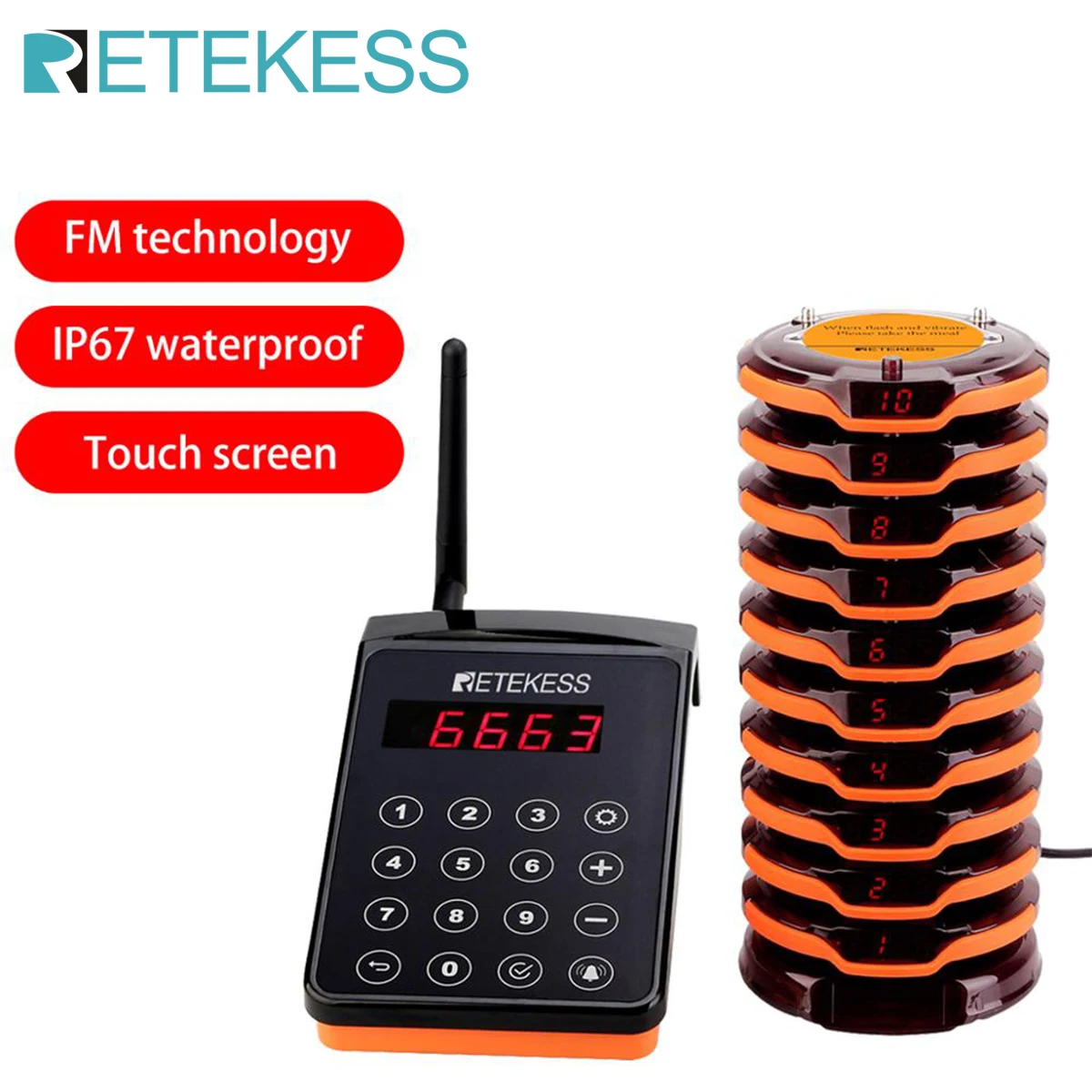 Retekess TD156 Paging System Restaurant Pager 10 Coaster Buzzer Service Countdown Out of Range Alarm IP67 Waterproof For Cafe