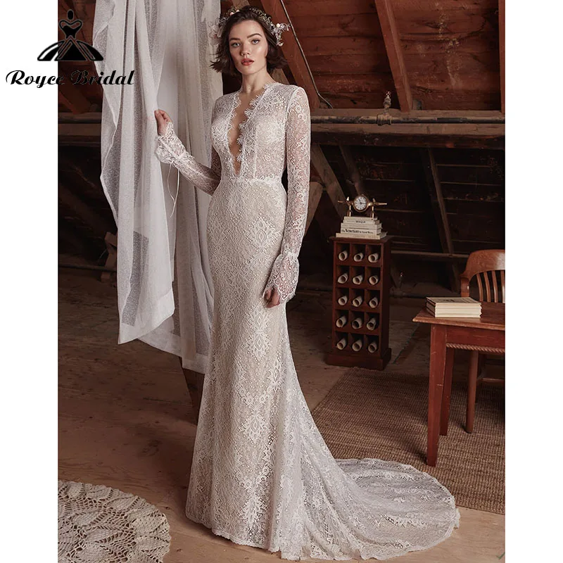 

robe mariée sirene Mermaid Sexy Boho Bohemia Wedding Dress Deep V Neck Lace Long Sleeve Open Back Sweep Train Roycebridal 2022