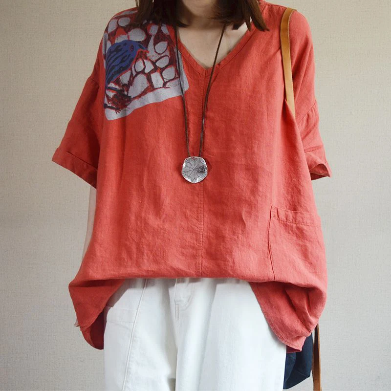 Женская хлопковая футболка с коротким рукавом, свободная льняная футболка с V-образным вырезом и винтажным принтом, S874, лето