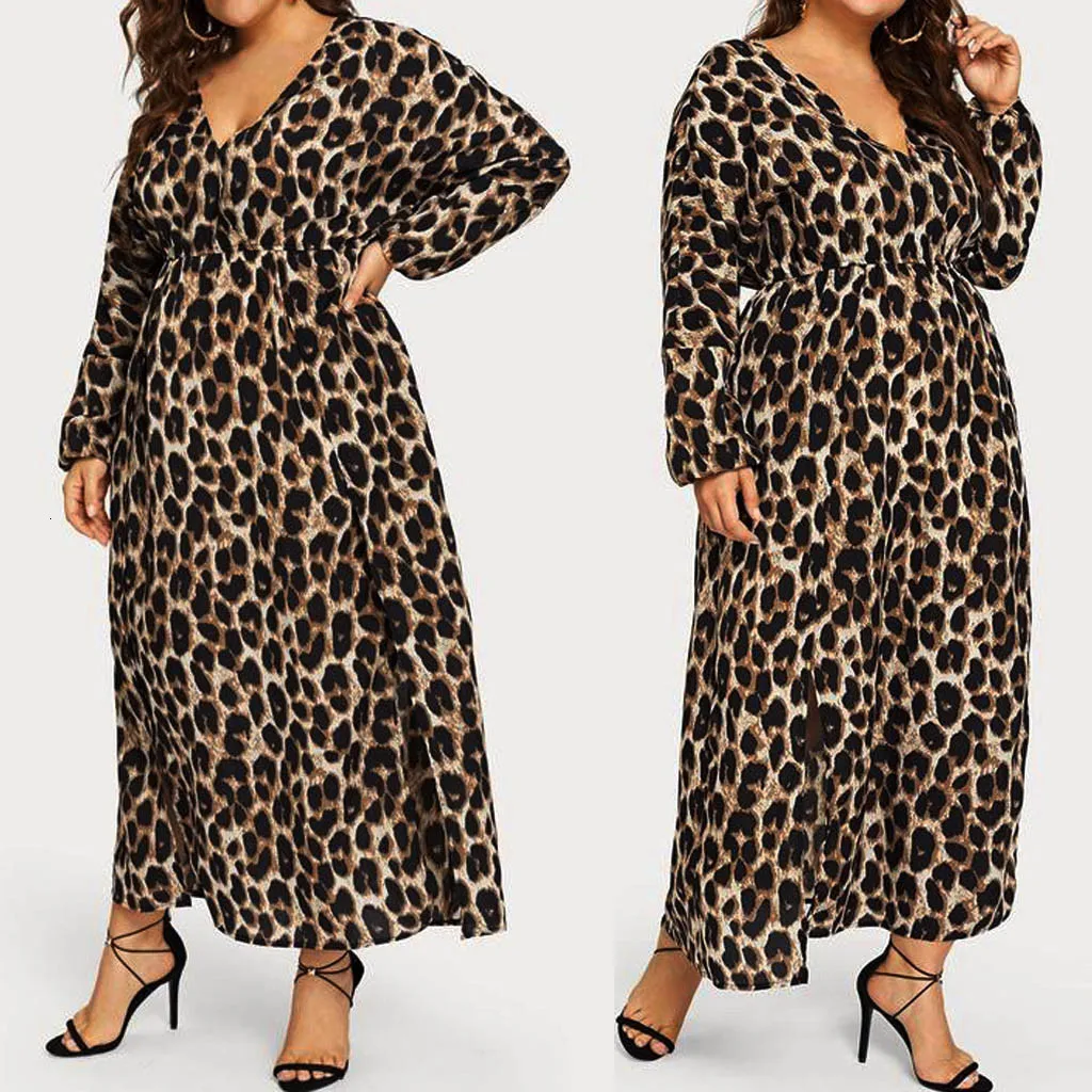 Mode Luipaard Print V-hals Lange Mouwen Split Jurk Vrouwen Herfst Winter Elegante Sexy Vestidos Plus Size 2019 z0805 | Женская одежда