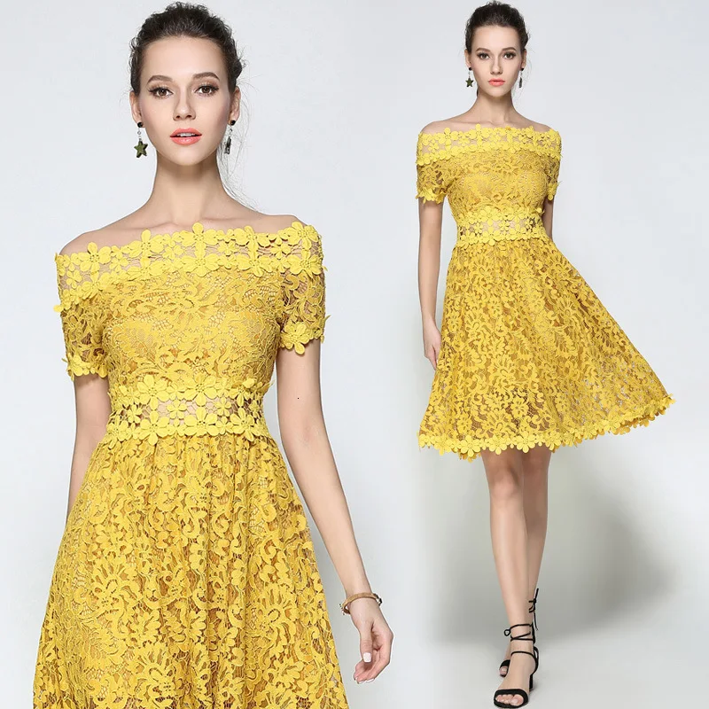 Коктейльные платья для девочек с открытыми плечами желтое кружевное мини-платье