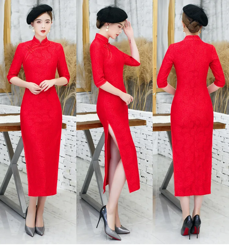 

Female Sexy Slim Long Lace Qipao Vintage Button Trim Novelty Cheongsam Elegant Mandarin Collar Chinese Formal Party Dress