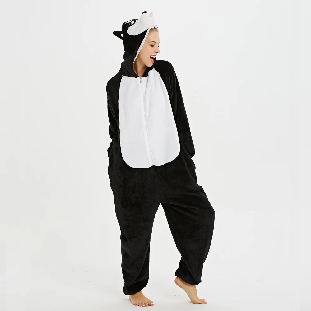 

Black Husky Unisex Adult Pajama Cosplay Onesies Cartoon Animal Sleepwear Pyjamas Warm Flannel Hooded Christmas Halloween Costume