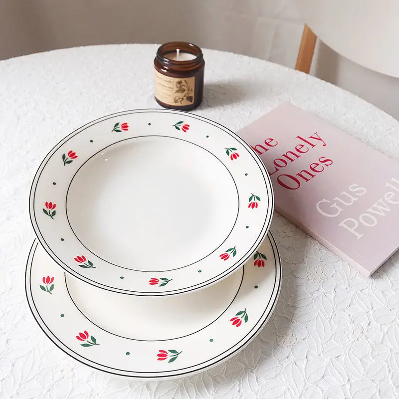 

Hand-Painted Colorful Hipster Flower Plate Ins Wind Korean Ceramic Dessert Cake Dish Household round Breakfast Plate