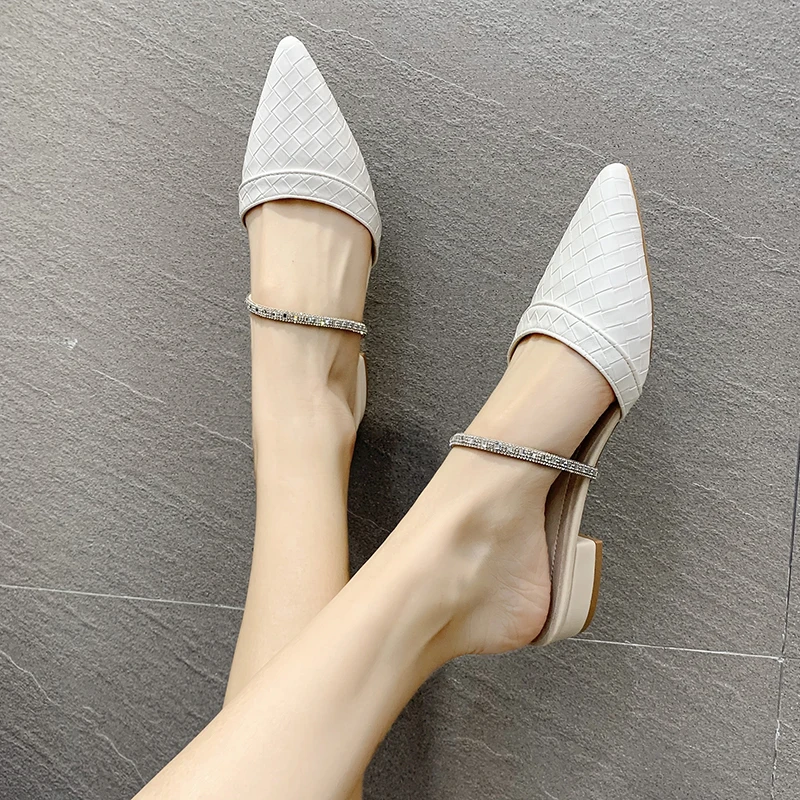 

Shoes Woman 2021 Square heel Female Slippers Cover Toe Luxury Slides Low Loafers Block New Flat Pointed Designer Soft PU Fashion