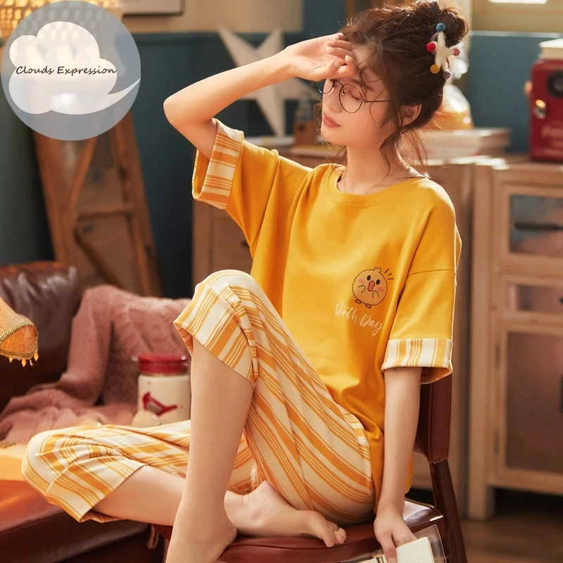 

Summer Knitted Cotton Cartoon Pajamas Sets Women Pyjamas Sleepwear Nightwear Mujer Plus Size Calf-Length Pants Homewear