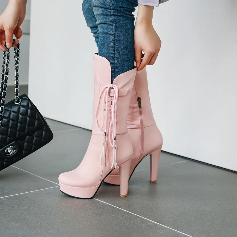 

2021 Spring The New Listing Women's Boots Mid-calf Side Zipper Round Toe Super High Heel Martin Boots Fashion Sweet Women Shoes
