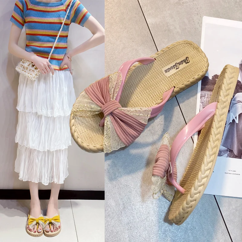 

Slippers Women Summer Low Butterfly-Knot Shoes Rubber Flip Flops Luxury Slides Pantofle Hawaiian Designer Soft 2021 Flat PU Basi