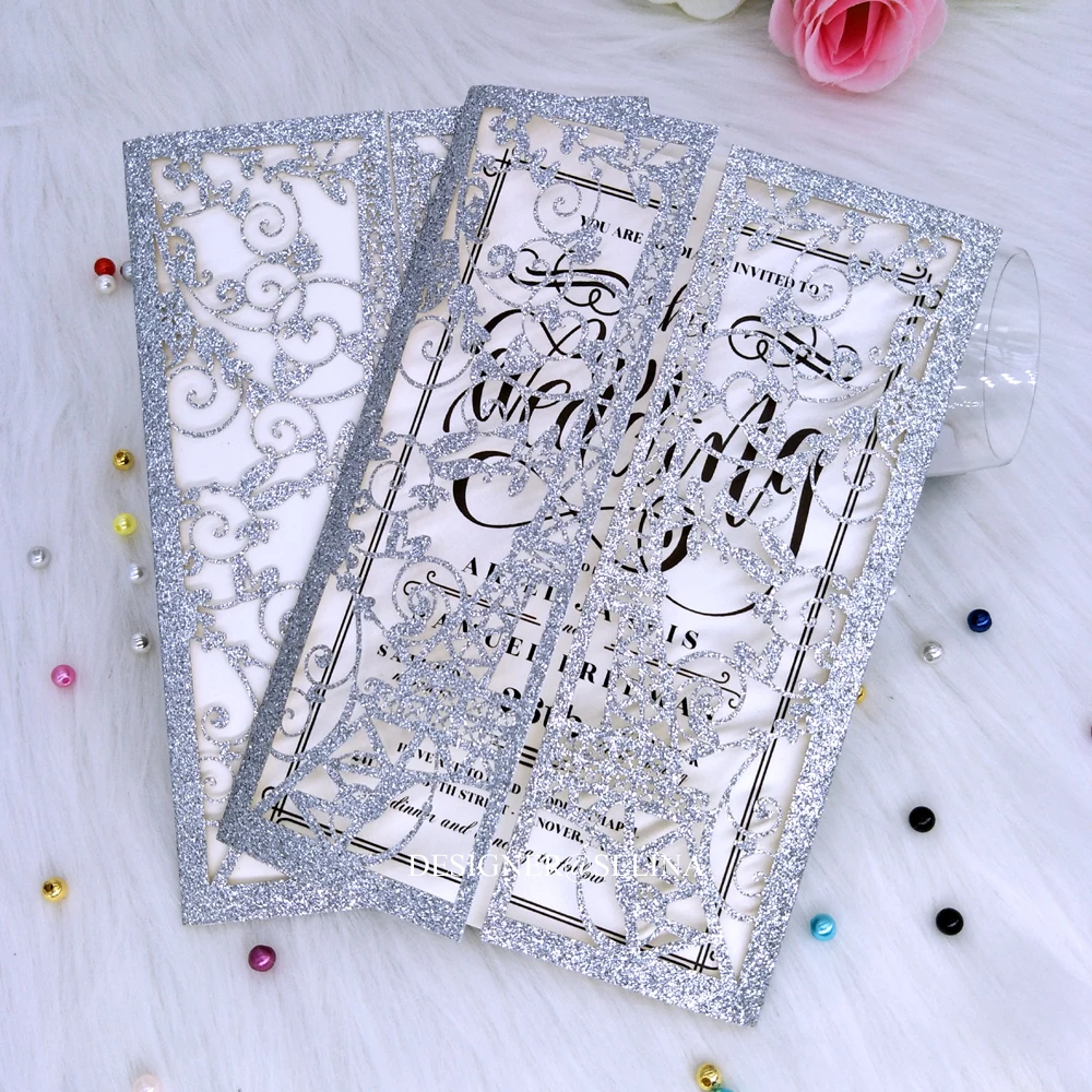 Серебряный блеск башня Париж Лазерная резка приглашения для Quinceanera сладкий шестнадцать XV день рождения приглашение 50 шт./лот