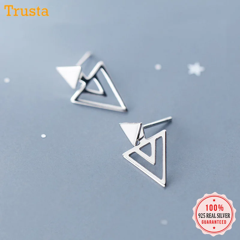 Trusta настоящие 925 пробы Серьги серебристого цвета; бижутерия для женщин модные треугольные серьги-гвоздики для девушек-подростков Ds1476