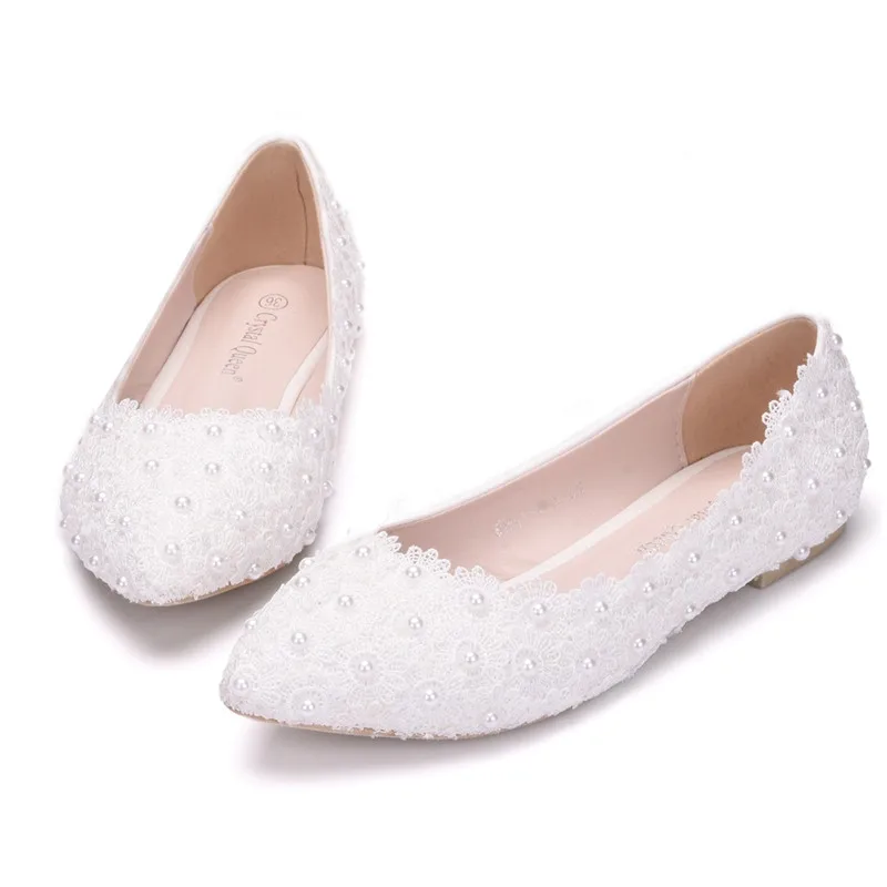 Размера плюс с белым кружевом Женская обувь на плоской подошве Свадебные туфли