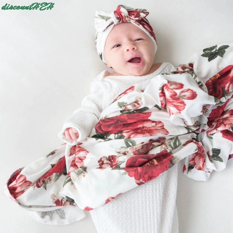 

2 Pcs/Set Baby Floral Blanket+Beanie Cap Infants Sleeping Swaddle Wrap Turban Hat Newborn Photography Props Accessorie