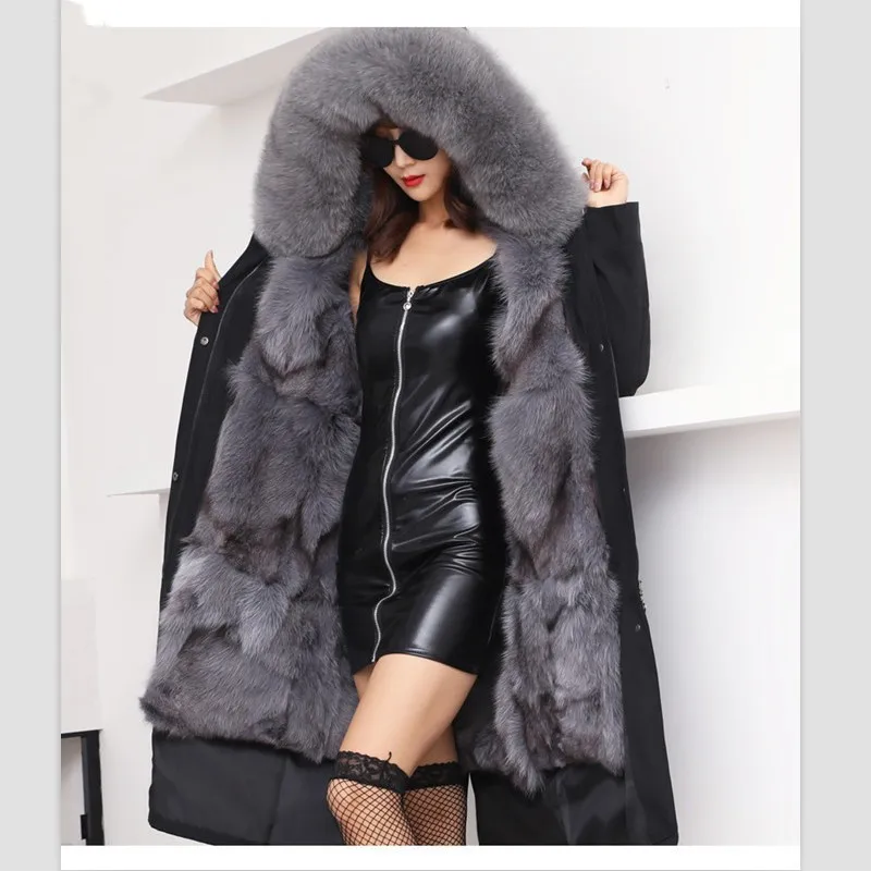 Парка женская со съемным натуральным лисьим мехом пальто с воротником из