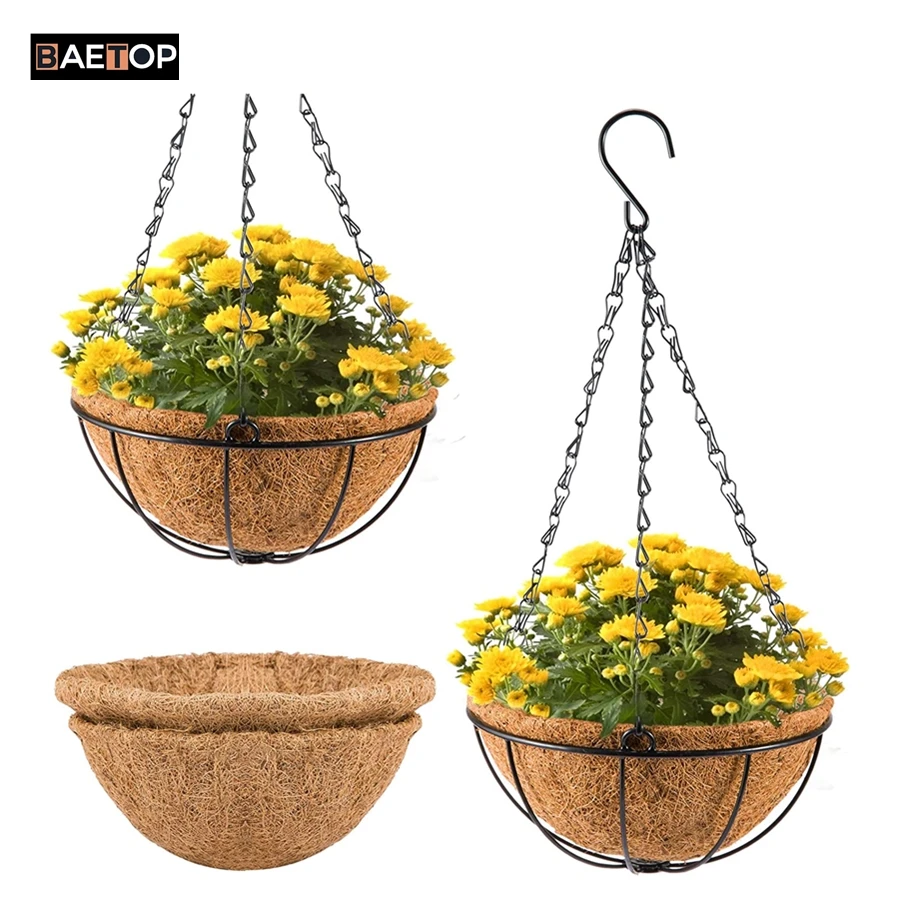 1/2 Packs Multi Sizes Coco Coir Hanging Planter Baskets with 3 Leg Chains Holders Coconut Planter for Indoor Outdoor Home Garden